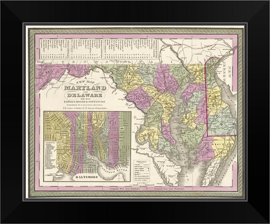 Vintage Map of Maryland and Delaware wih Black Framed Wall Art Print Map Home