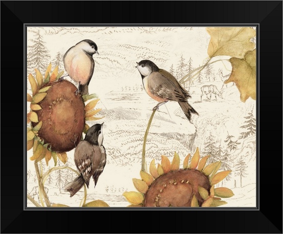 Birds on Sunflowers Black Framed Wall Art Print Bird Home Decor