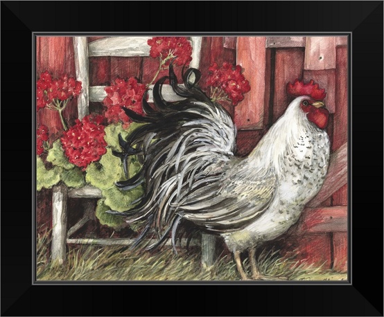Red Barn Rooster Black Framed Wall Art Print Rooster Home Decor