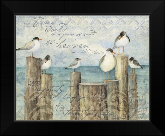 Seagulls on Pier Black Framed Wall Art Print Bird Home Decor