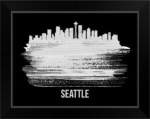 Seattle Skyline Brush Stroke White Black Framed Wall Art Print Seattle Home