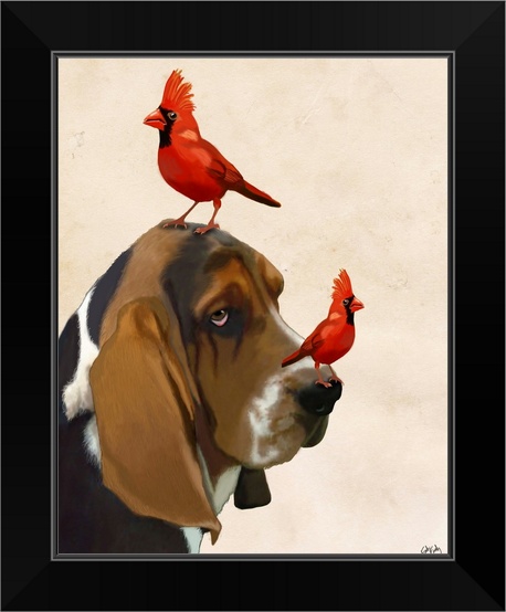 Basset Hound and Birds Black Framed Wall Art Print Dog Home Decor