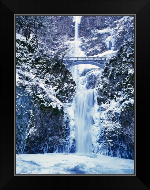 Multnomah Falls with snow and ice Black Framed Wall Art Print Waterfall Home