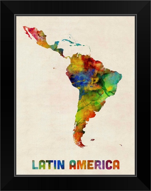 Latin America Watercolor Map Black Framed Wall Art Print Map Home Decor