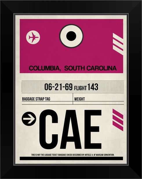 CAE Columbia Luggage Tag I Black Framed Wall Art Print South Carolina Home