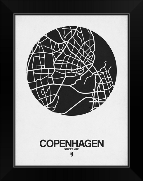 Copenhagen Street Map Black on White Black Framed Wall Art Print Map Home Decor