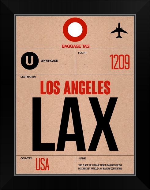 LAX Los Angeles Luggage Tag I Black Framed Wall Art Print Los Angeles Home
