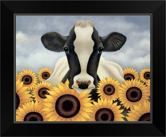 Surrounded by Sunflowers Black Framed Wall Art Print Cow Home Decor
