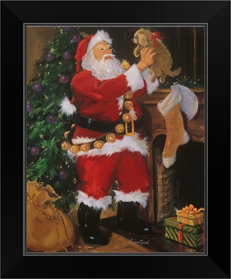 Santa With Puppy Black Framed Wall Art Print Christmas Home Decor