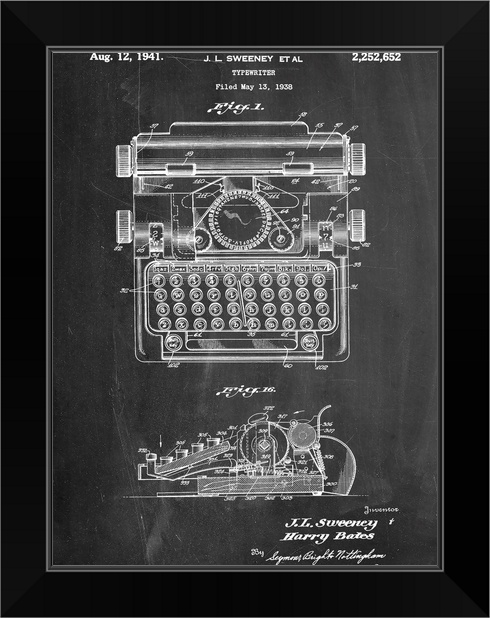 Typewriter Black Framed Wall Art Print Blueprint Home Decor