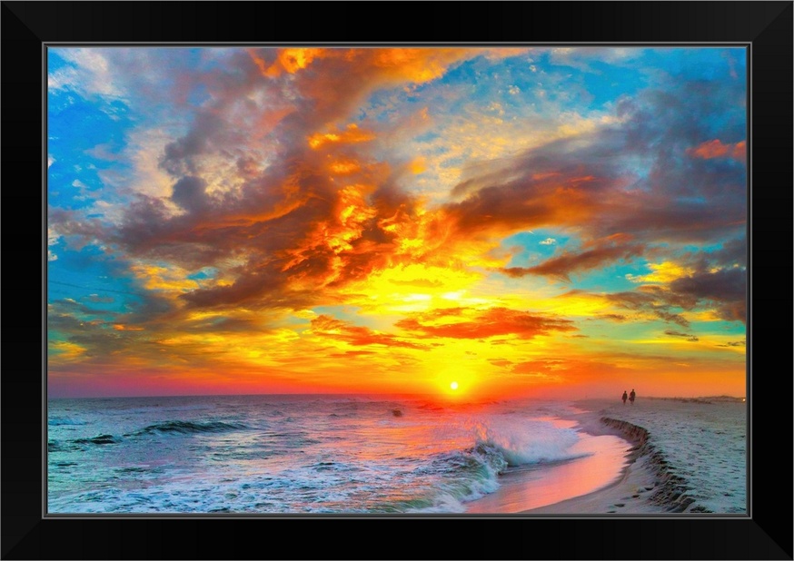 Red Ocean Sunset Orange Beach Clouds Black Framed Wall Art Print