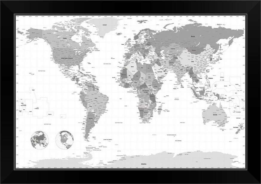 World Map black and white Black Framed Wall Art Print, Map Home Decor ...