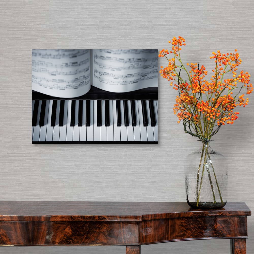Piano keys and music book detail. Canvas Wall Art Print, Piano Home