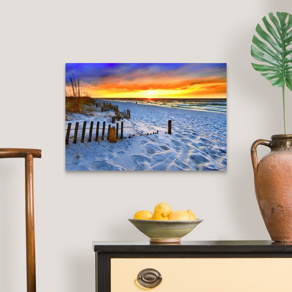 Red Sunset Beach Beautiful Beach Canvas Wall Art Print, Coastal Home ...