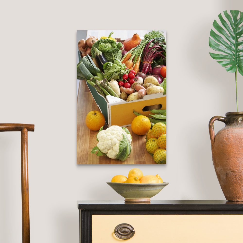 Cardboard box of assorted vegetables on kitchen counter Canvas Art ...
