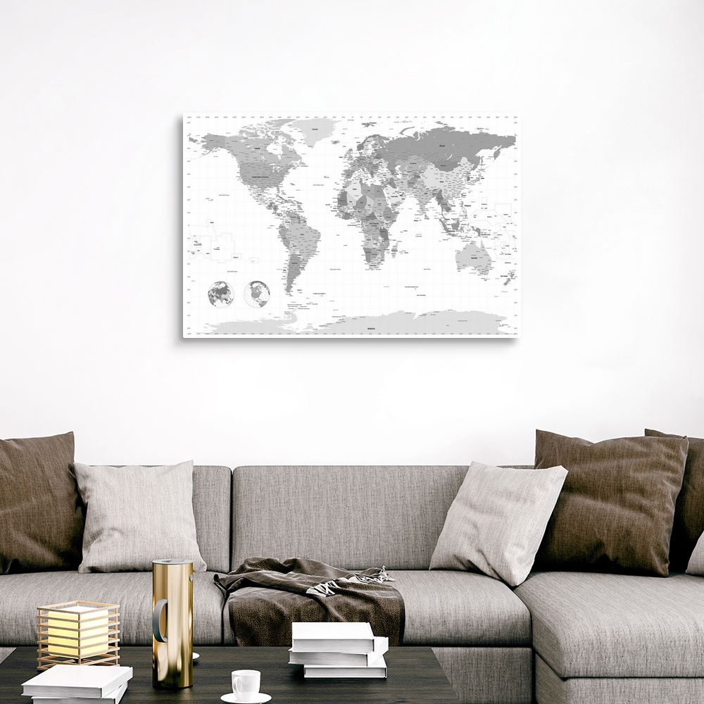 World Map Black And White Canvas Wall Art Print Map Home Decor Ebay