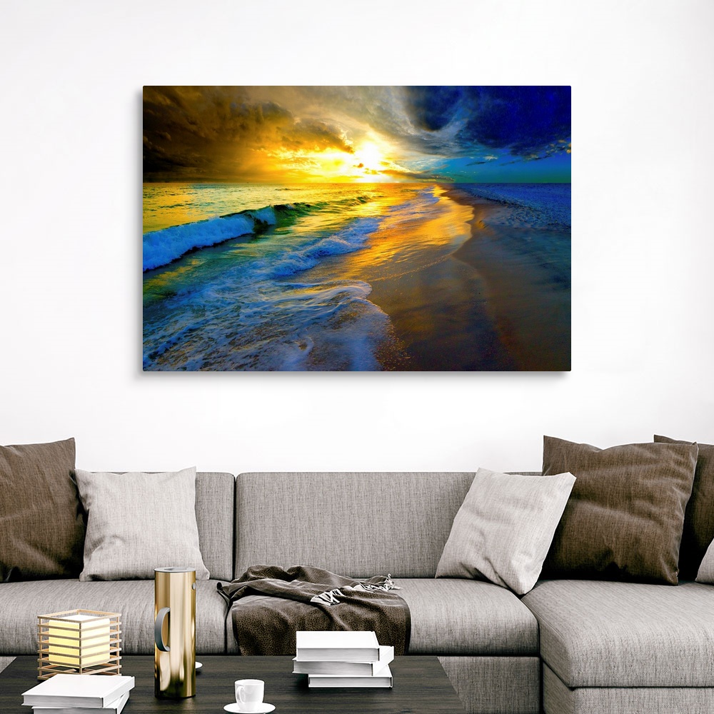 Beautiful Ocean Sunset Prints Waves And Beach Canvas Art