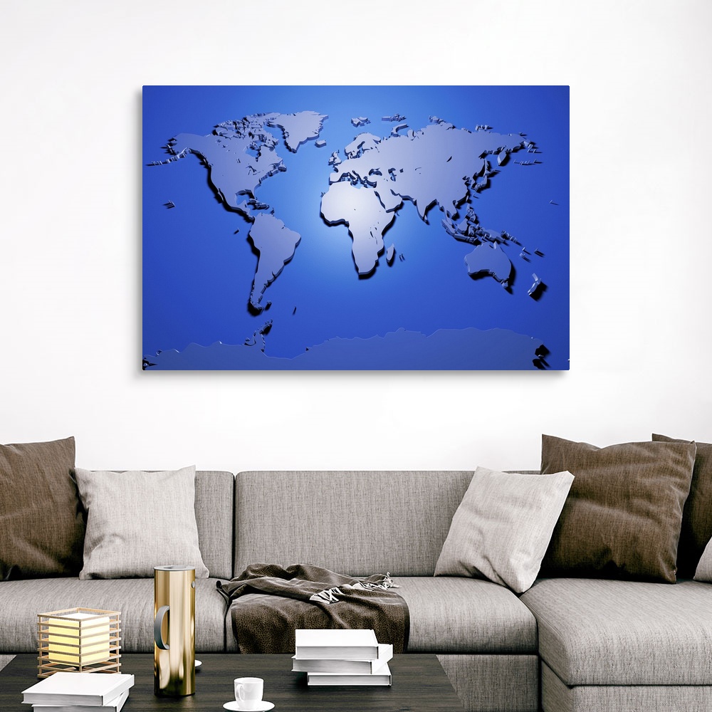 World Map In Blue Canvas Wall Art Print Map Home Decor Ebay