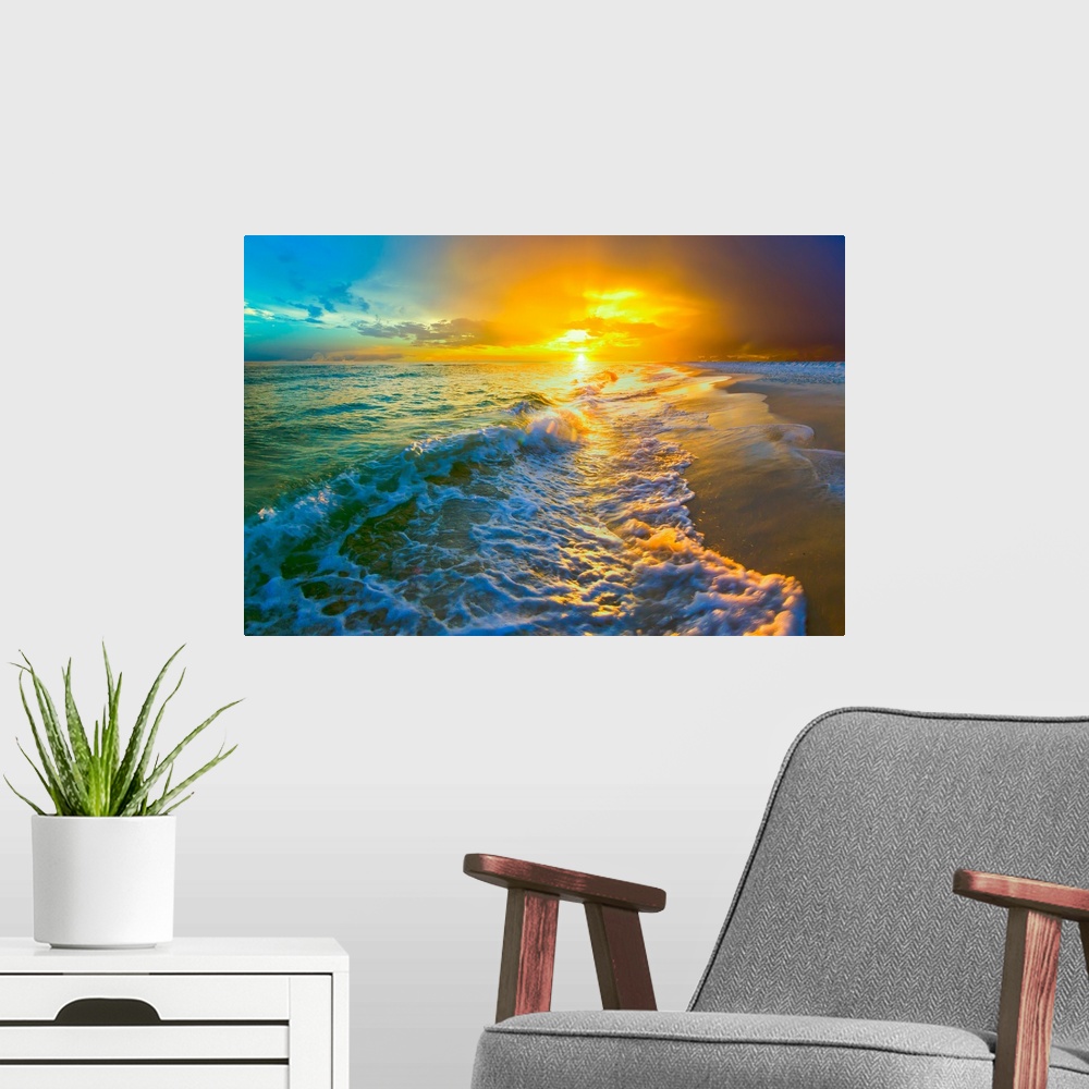 Yellow And Orange Sunset On Beach And Poster Art Print, Coastal Home ...