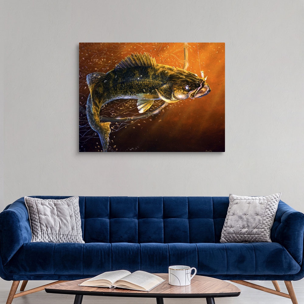 Out of the Net Walleye Canvas Wall Art Print, Fishing Home Decor
