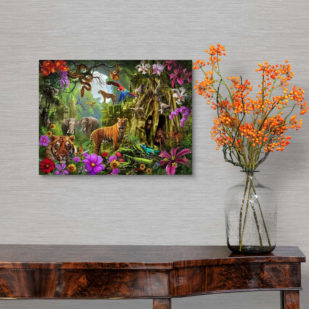 Dark Jungle Temple And Tigers Canvas Wall Art Print Fantasy Home Decor Ebay