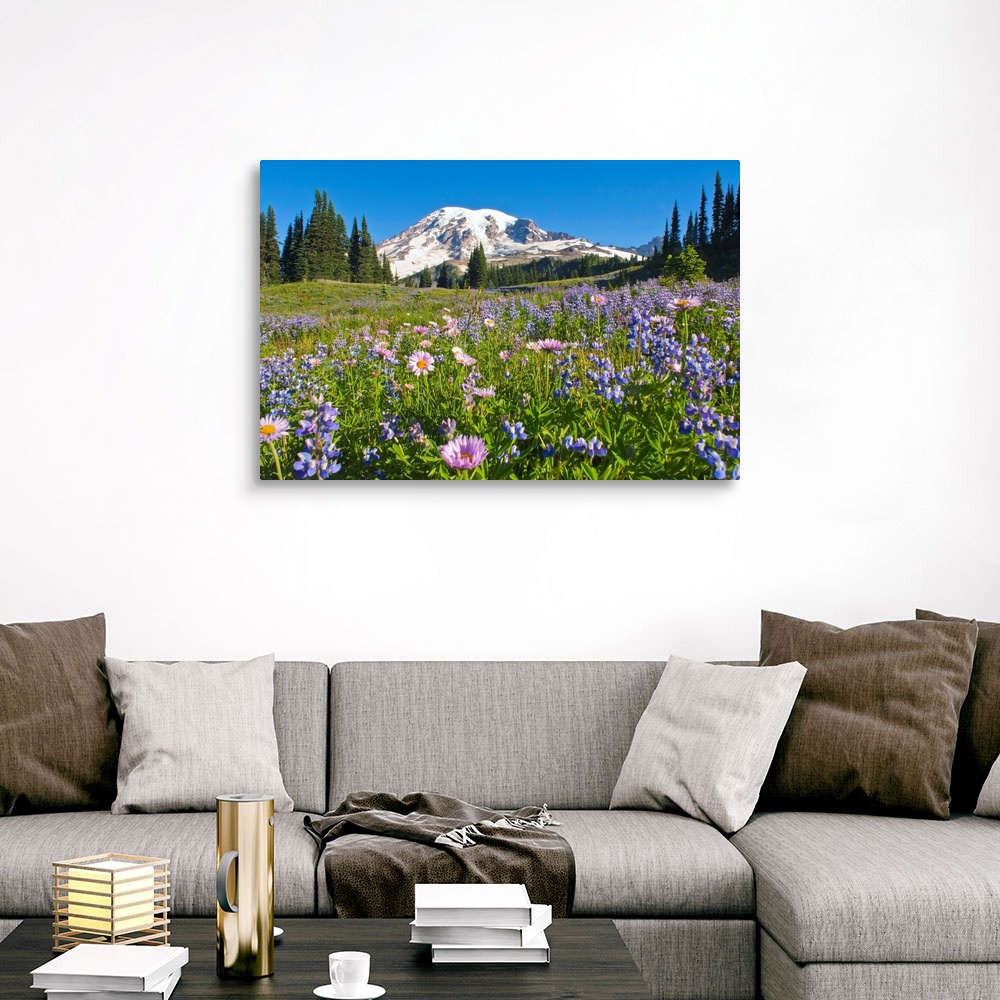 Wildflower Meadow, Mount Rainier Canvas Wall Art Print, Mountain Home ...