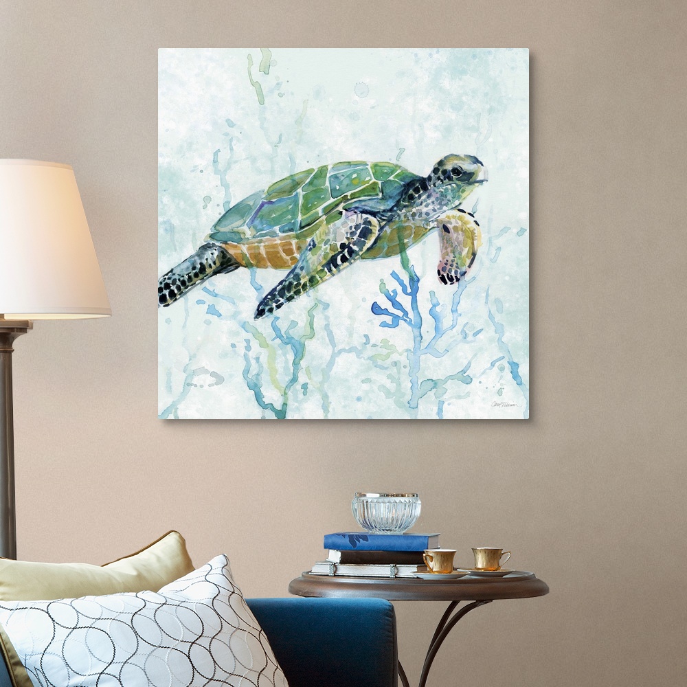Sea Turtle Swim I Canvas Wall Art Print, Sea Turtle Home Decor