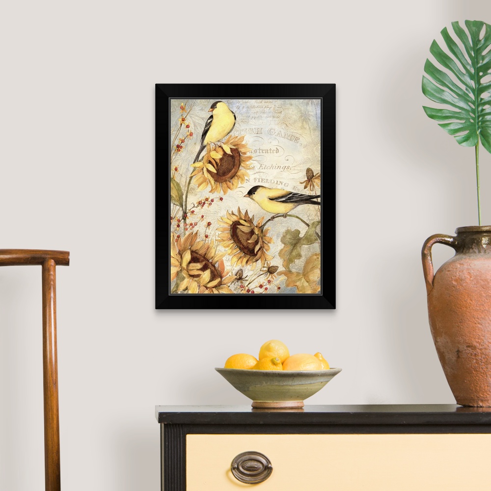 Sunflowers with Birds Black Framed Wall Art Print, Bird Home Decor Do 10% rabatu na zestaw