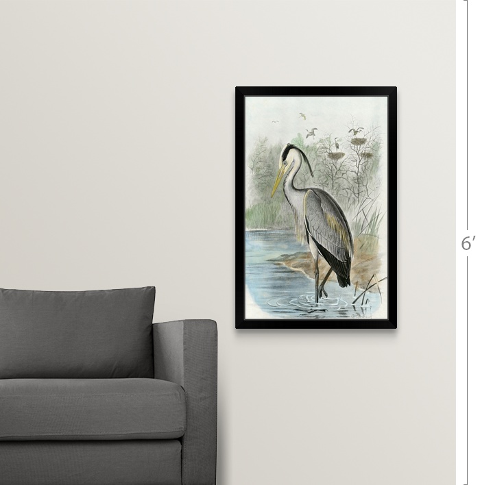 Oversize Common Heron Black Framed Wall Art Print, Bird Home Decor