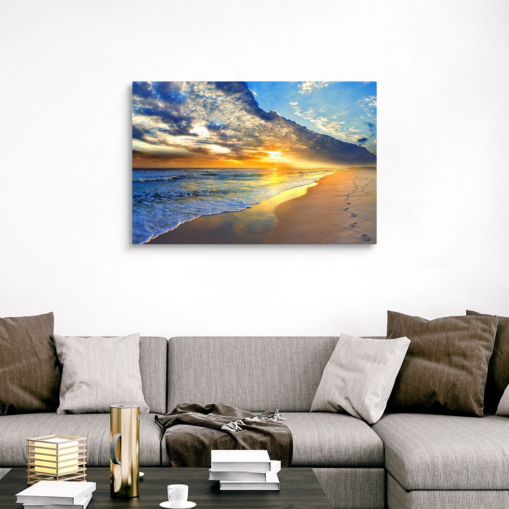 Gold Sunset Beach Waves Seascape Canvas Wall Art Print, Coastal Home ...