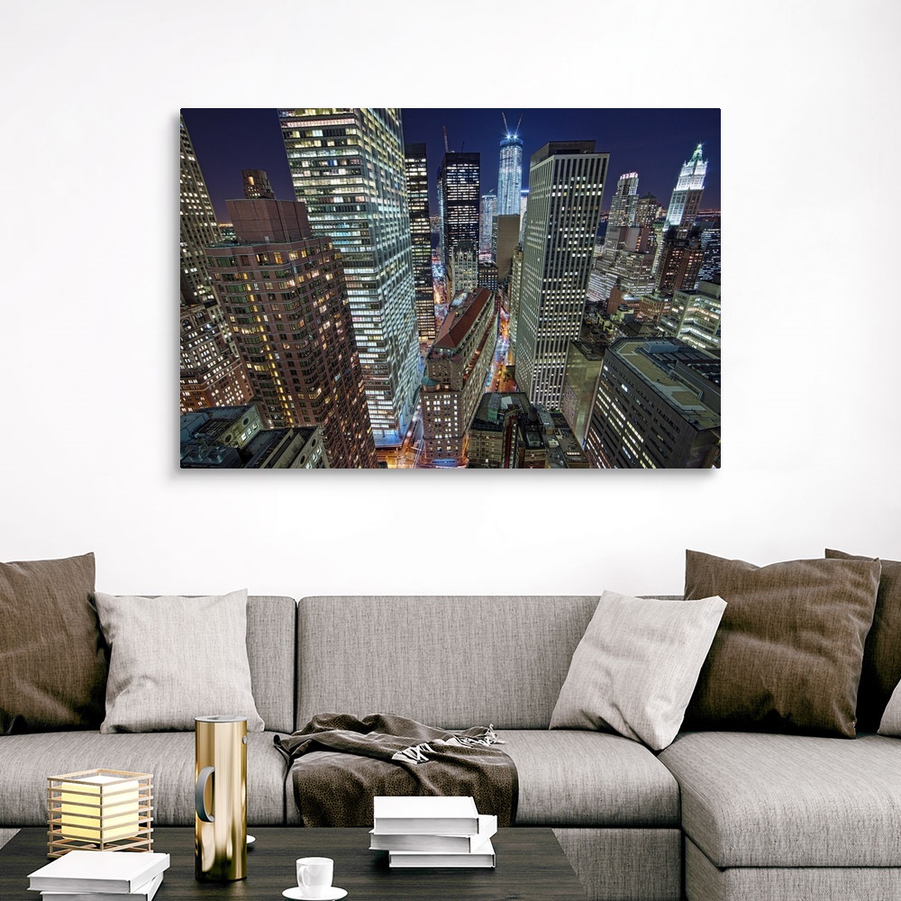 NYC skyscrapers light up by night, New Canvas Wall Art Print, New York ...