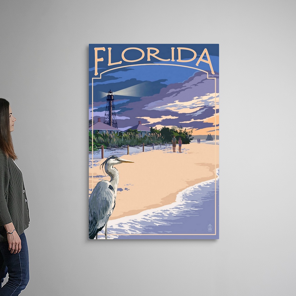 Florida - Lighthouse and Blue Heron Canvas Wall Art Print, Bird Home Decor