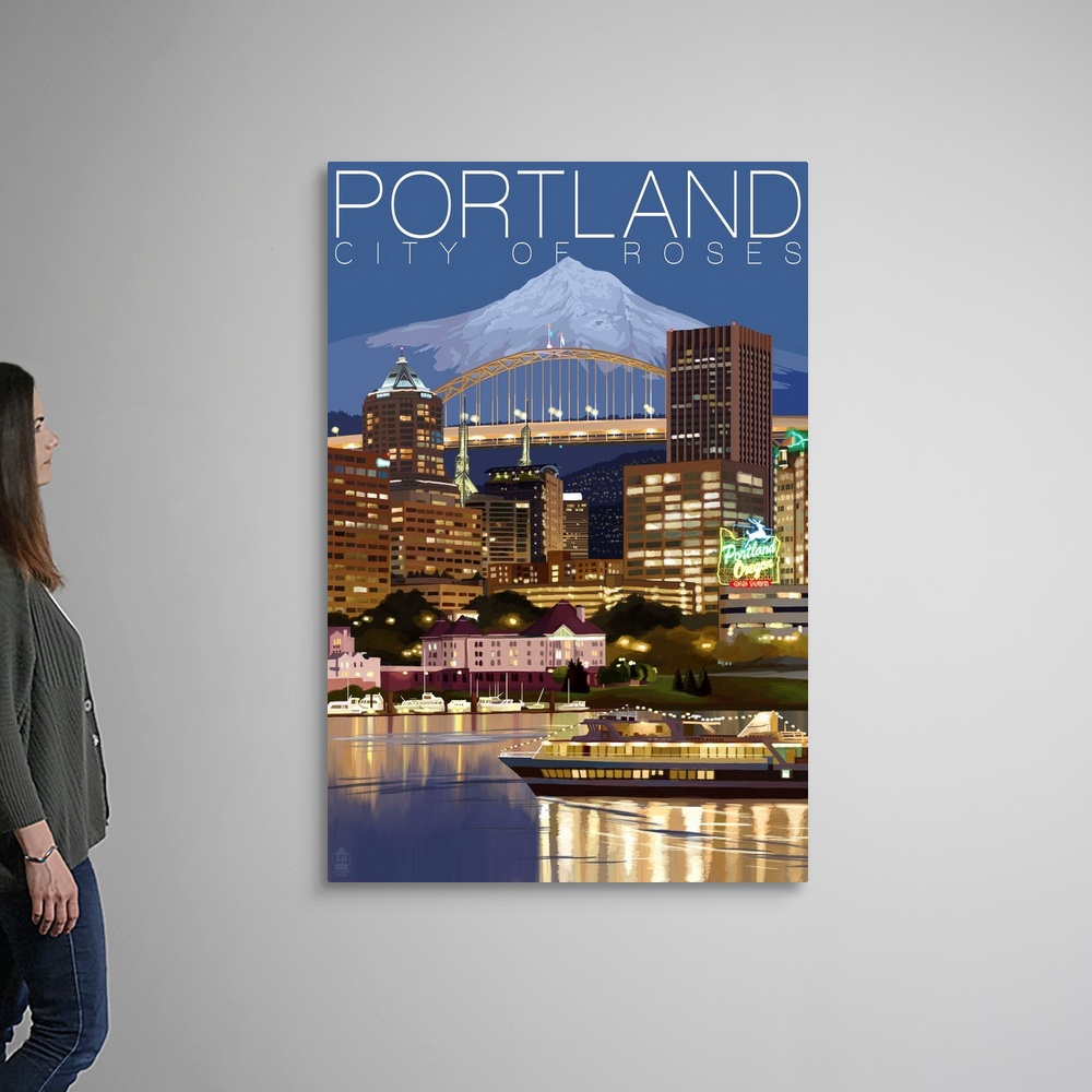 Portland, Oregon, Skyline at Night Canvas Wall Art Print, Portland Home Decor