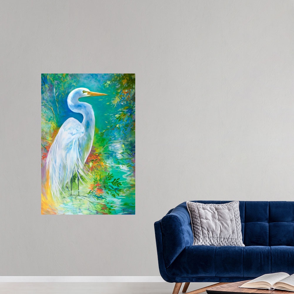 White Egret Landscape Waters Poster Art Print, Bird Home Decor