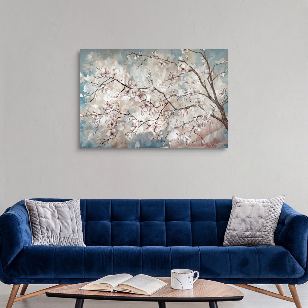 Magnolia Branches on Blue Canvas Wall Art Print, Tree Home Decor