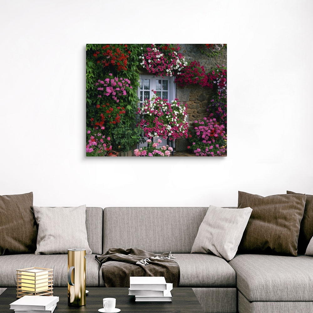 Farmhouse window surrounded by flowers, Canvas Wall Art Print, France ...
