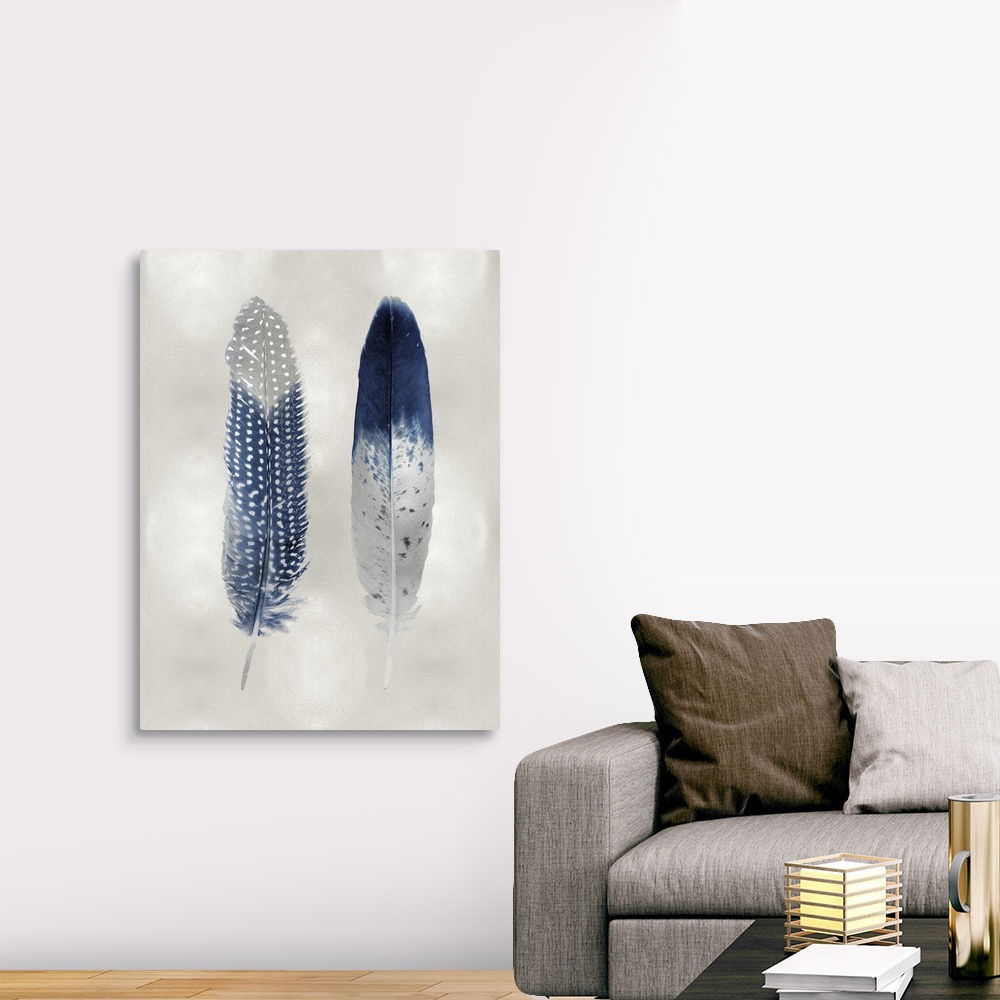 Blue Feather Pair on Silver Canvas Wall Art Print, Home Decor | eBay