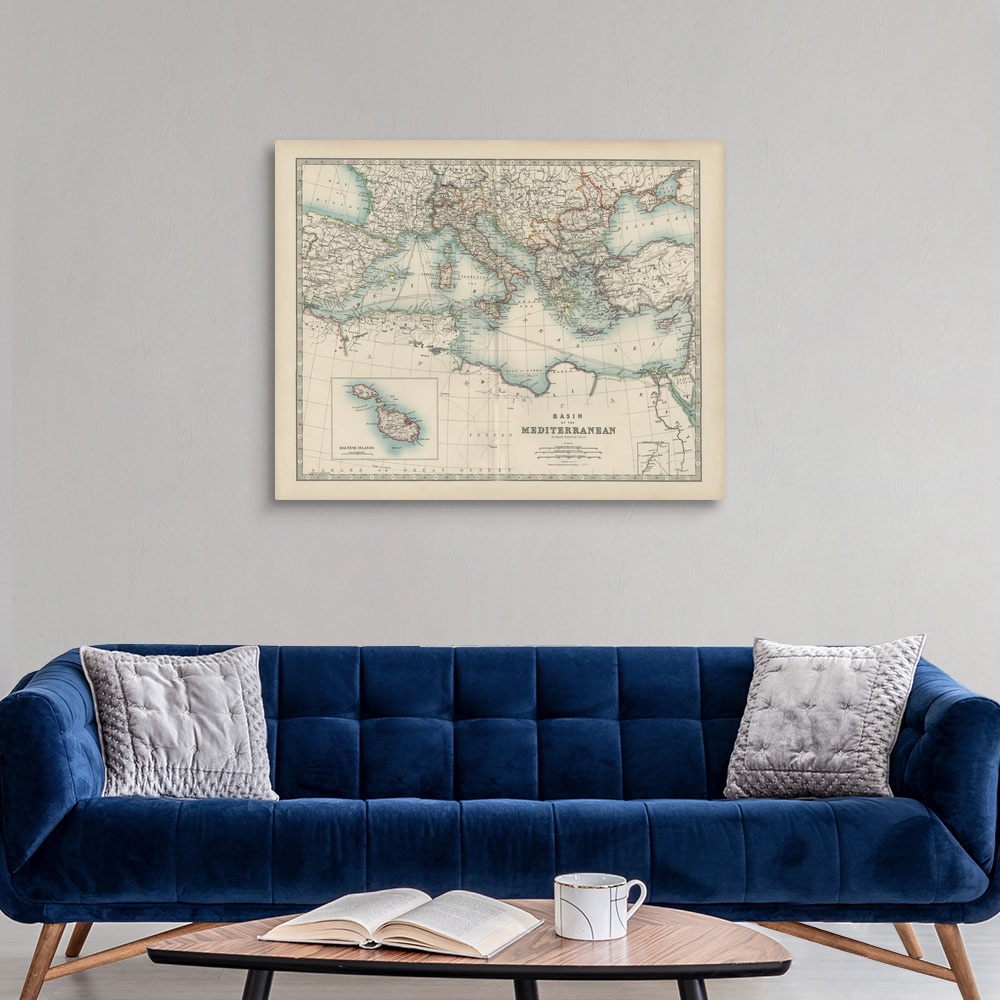 Johnston's Map of the Mediterranean Canvas Wall Art Print, Map Home Decor
