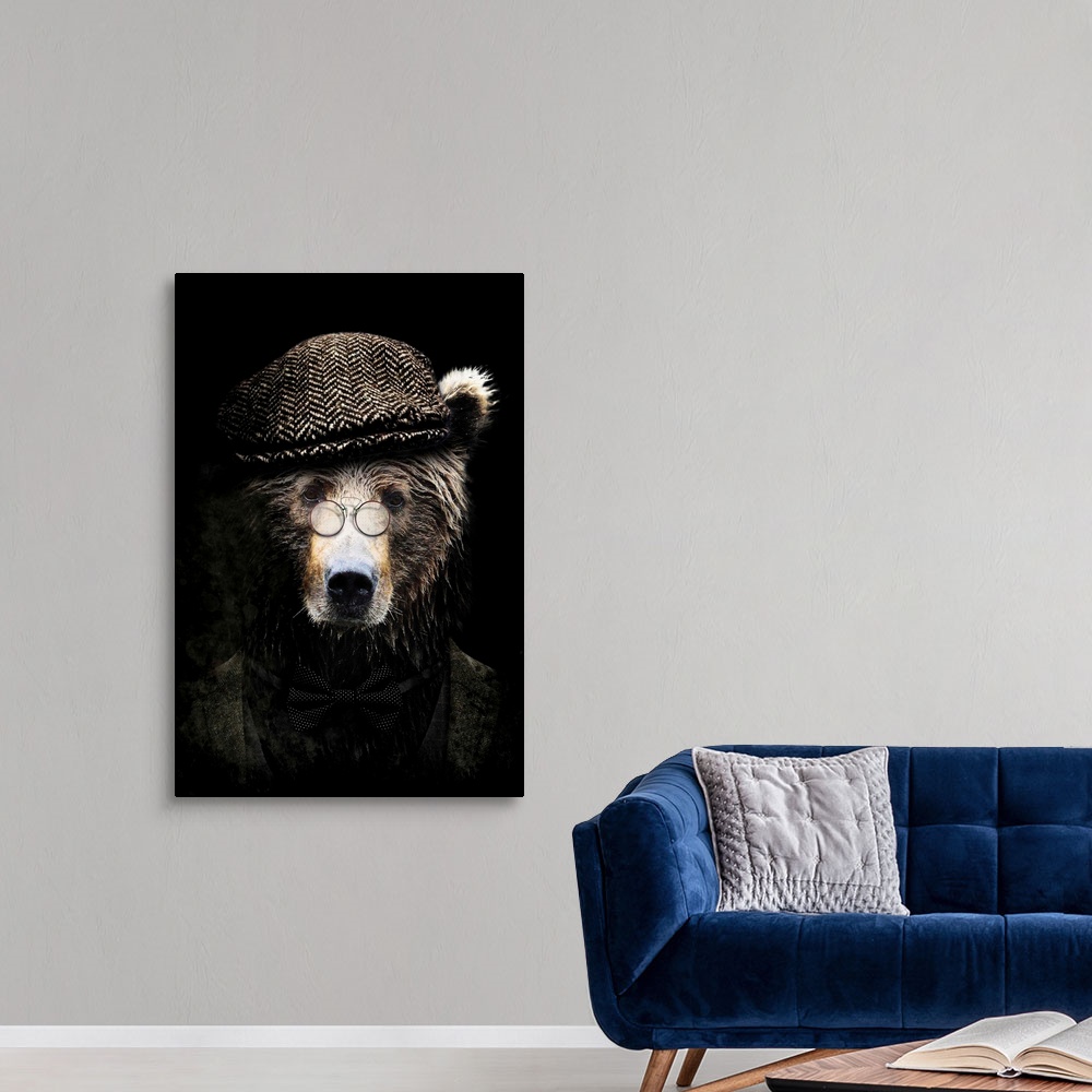 Classy Bear Canvas Wall Art Print, Bear Home Decor